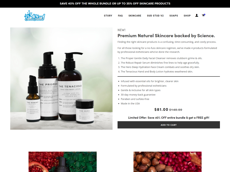 Screenshot of the first fold of Sud Stud's Premium Skincare collection