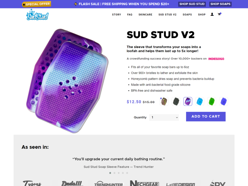 Screenshot of the first fold of the Sud Stud V2 Product Page