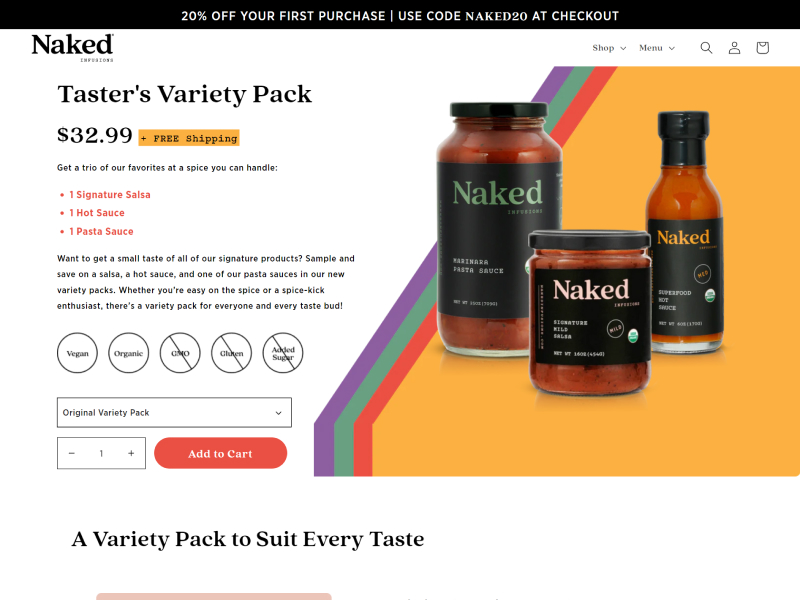Naked Infusions' Product Page for their Taster's Pack